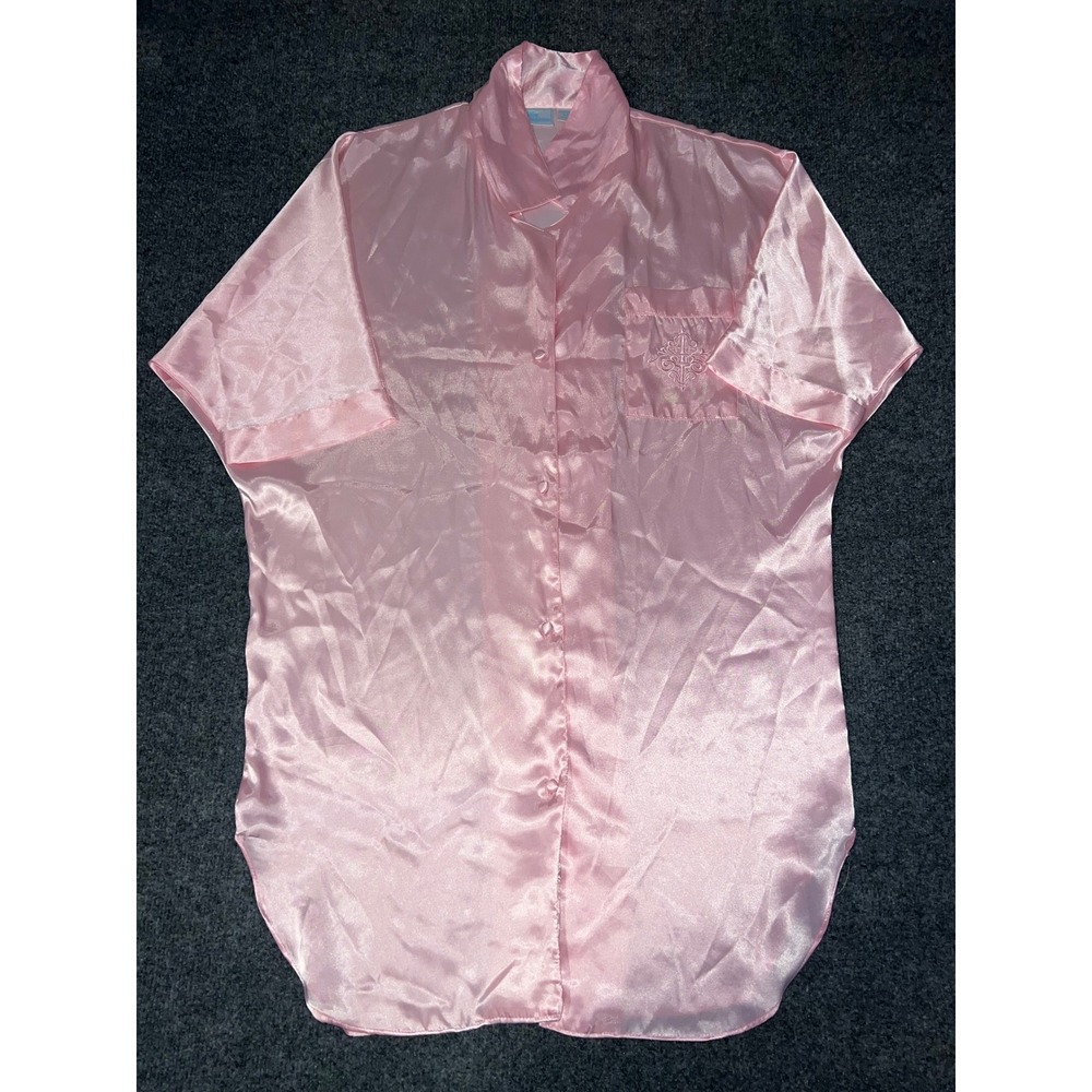 Sleep Solutions Pink Satin Nightshirt Button Up Sleepwear Women Size Medium